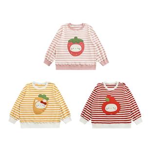 幼悠女童果味萌宠贴布绣落肩卫衣春季柔软亲肤撞色条纹休闲上衣潮