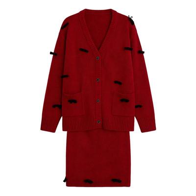 V领落肩珍珠蝴蝶结针织开衫