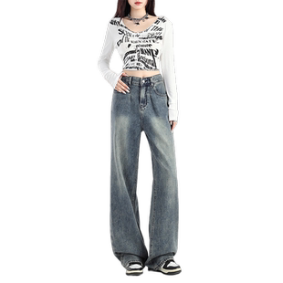 worxurnn/无须捏褶拖地裤秋后口袋绣花牛仔直筒宽松裤