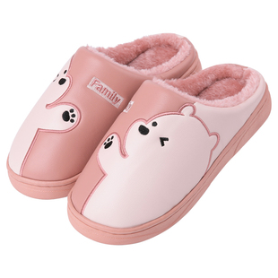 防水棉拖鞋秋冬室内卡通情侣厚底皮面透气防滑保暖毛绒冬季拖鞋女