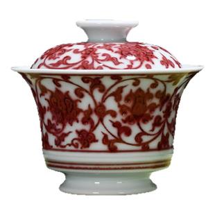 【新品】景德镇陶瓷手绘柴窑原矿仿元釉里红缠枝莲二才盖碗茶碗