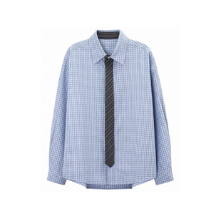 春秋自带领带设计感衬衫男款长袖高级感格子衬衣韩版宽松休闲上衣