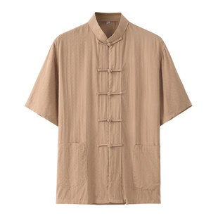 夏季男款唐装男中老年中国风中式服装人造棉绵绸提花棉绸短袖上衣