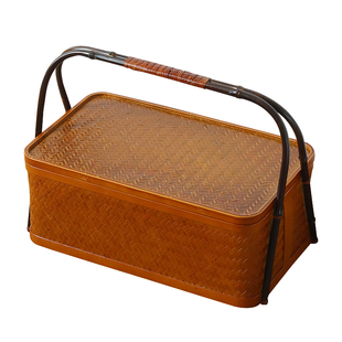 新款爆款竹编收纳盒带盖长方形提篮茶箱手提包旅行茶具配件复古风