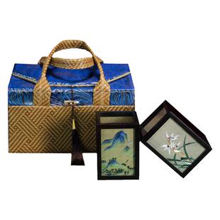 湘传礼纯手工湘绣双面绣笔筒蓝色藤编春节庆典茶礼盒套装