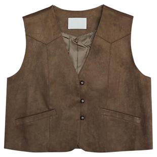 法式复古麂皮绒马甲女2024秋季新款叠穿外搭无袖坎肩背心短款上衣