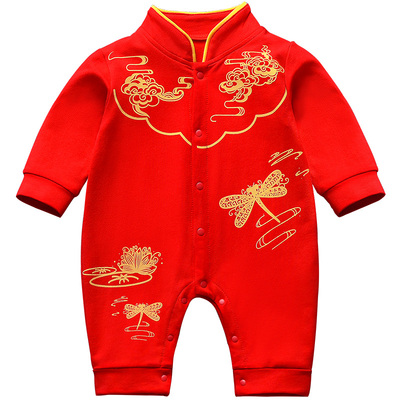 宝宝春季满月百天服红色喜庆