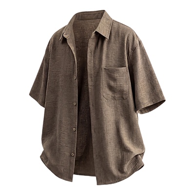 GLM老钱风仿亚麻短袖衬衫男款夏季新款透气清凉感高级感休闲衬衣