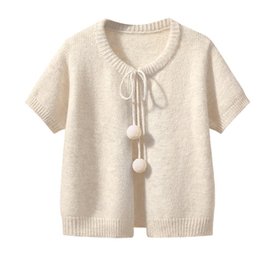 她池针织开衫2026春装新款女装温柔风叠穿短款系带圆领短袖上衣