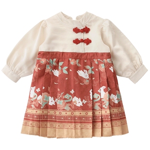 女童连衣裙秋冬季保暖加绒马面裙新中式汉服女宝宝新年服儿童裙子