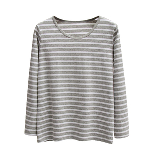 女秋冬款纯棉条纹长袖T恤宽松大码睡衣打底衫家居服外穿上衣秋衣