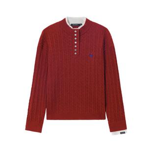 汪铎同款Unvesno(UN)假两件亨利领拉夫马标绞花刺绣POLO针织衫秋