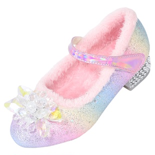 女童公主鞋秋冬季加绒高跟水晶鞋女孩软底保暖棉鞋儿童彩色小皮鞋