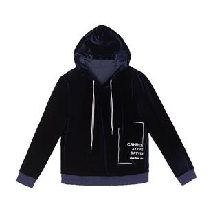 HONRN/红人宽松运动休闲蓝色丝绒长袖连帽卫衣女春秋款HI39SY021