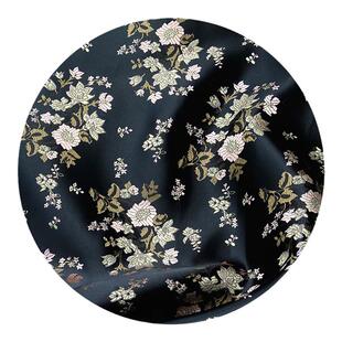 黑色底粉色花朵仙女范垂坠黑色提花尼龙织锦缎布料旗袍汉服装面料