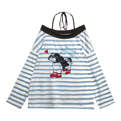 LEAP DREAM 一字肩喷画小狗长袖TEE挂脖绑带宽松小众T恤