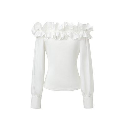 SUK 灵动飞白！法式温柔风一字肩上衣高级感白色荷叶边衬衫灯笼袖