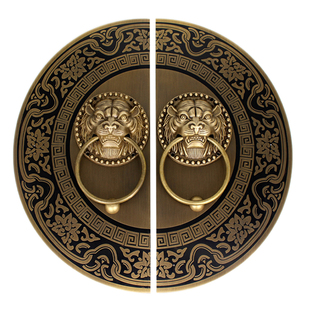 中式仿古圆形大门拉手纯铜兽头装饰门环复古刻花辅首实木门栓锁扣