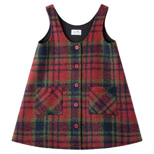 女童新年战袍格纹背心裙中大童冬季磨毛呢子复古英伦红色连衣裙