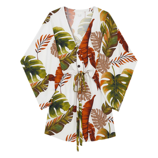 Casual V-neck print lace-up dress  休闲V领印花系带连衣裙女