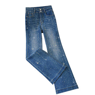 拉夏贝尔浅蓝色超好看镶钻微喇叭裤女2026早春爆款不贴腿牛仔喇叭