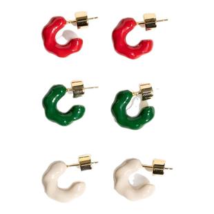 彩色珐琅耳饰女高级感轻奢小众设计糖果色C型925纯银耳钉百搭耳环