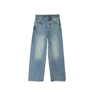 巴黎爆闪裤 烫钻一体绒直筒牛仔裤女秋冬加厚保暖宽松阔腿长裤子