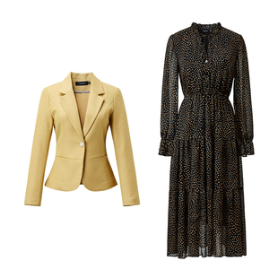 颜域黄色西装外套波点连衣裙套装女装2026春装新款撞色穿搭两件套