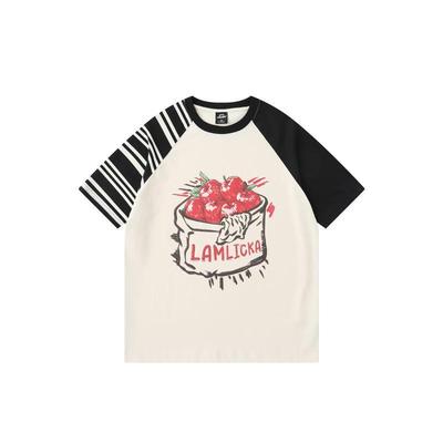LAMLICKA条纹拼接印花插肩袖T恤