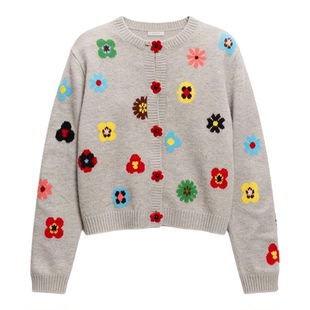 【奢定SHX】2026早春新品提花女羊绒衫花朵扣子装饰羊绒针织开衫
