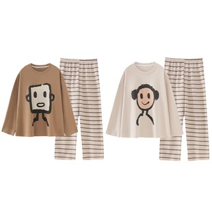 晚眠2025年新款卡通情侣睡衣女春秋季带胸垫长袖男士高级感家居服