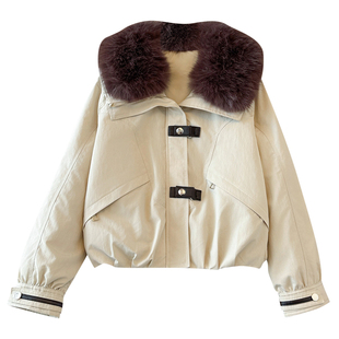 超好看藏青蓝色大毛领派克羽绒服女短款2025冬装新款翻领加厚外套