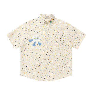 HTTAOSUP美式复古彩虹波点卡通刺绣短袖衬衫宽松百搭可爱休闲衬衣