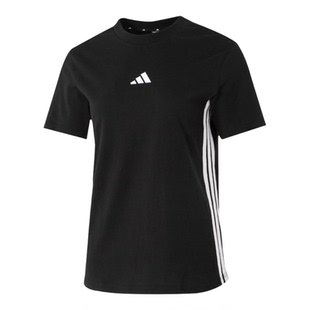 阿迪达斯圆领纯棉短袖女装2026夏季新款半袖上衣女款黑色运动T恤