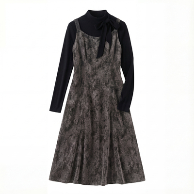 半高领T恤无袖丝绒连衣裙套装女