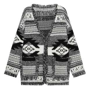 白鹿语个性提花开衫冬新款设计感毛边长袖微弹宽松厚女式外套