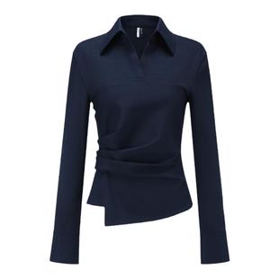 【deepmoss】优雅复古潮流女装时尚休闲气质弹力束腰翻领衬衫上衣