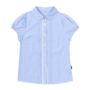 夏装纯棉短袖校服小学生女童蓝色格子浅蓝圆领初中生衬衫礼服班服