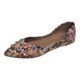 REEMOOR睿慕2025秋新款民族风尖头单鞋平底浅口水钻软底舒适女鞋