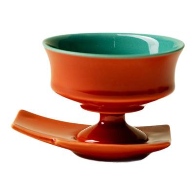 梵汝 高端故宫红高足茶杯杯垫套杯新中式陶瓷品茗杯泛舟杯托烛台