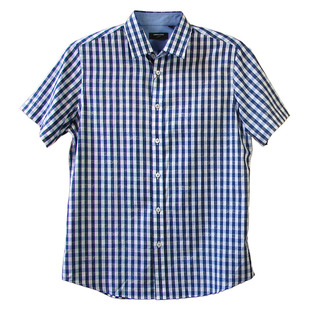 利奥纳多LEONARDO蓝色方领青年格子男装纯棉休闲贝扣短袖衬衫0221