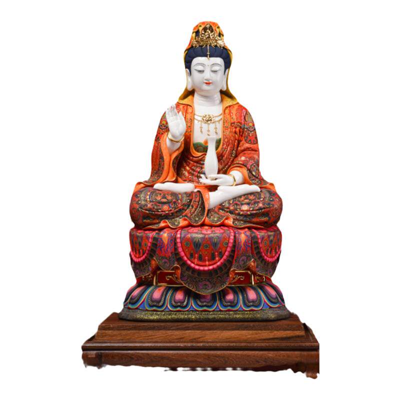 戴玉堂陶瓷摆件《极彩古莲座观世音菩萨像》林建平佛像客厅装饰