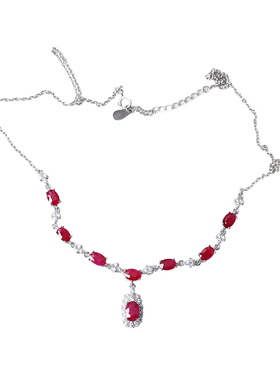 精品彩宝天然老烧红宝石纯银镶嵌款项链女款精工银镶嵌宝石饰品