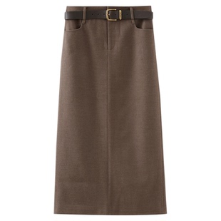 水云间咖色直筒毛呢半身裙女中长款西装裙子知性学术风2025冬新款