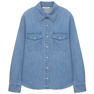 loeuvre春季新款女装蓝色牛仔衬衫小众polo领衬衣宽松长袖上衣