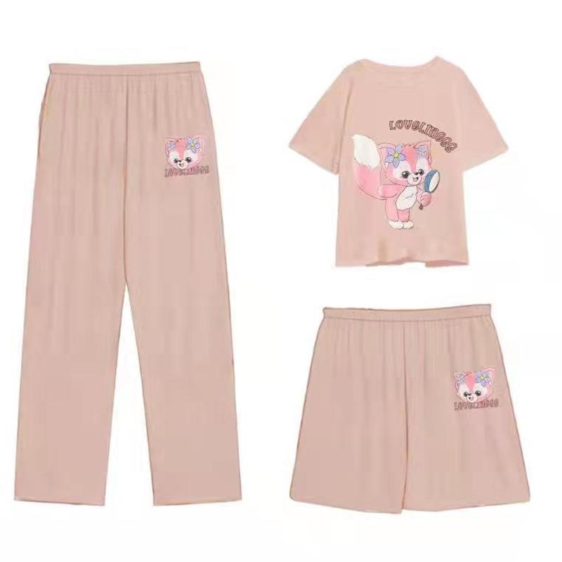 ins春秋可爱新款韩版睡衣女短袖松鼠甜美粉色卡通家居服三件套装