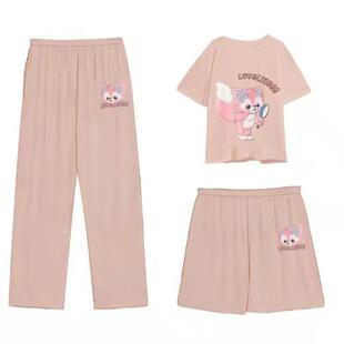 ins春秋可爱新款韩版睡衣女短袖松鼠甜美粉色卡通家居服三件套装
