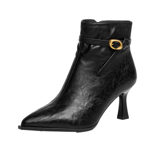 戈美其巨好看秋冬季靴子2025单靴洋气棕色百搭尖头高跟鞋小短靴女