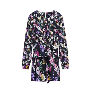 Desigual花卉碎花印花收腰系带圆领长袖短款连衣裙