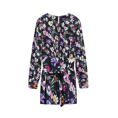 Desigual25秋冬新品花卉碎花印花收腰系带圆领长袖短款连衣裙